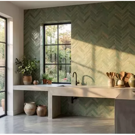 ZELIJ 2X10 - LES JARDINS DE LA PALMERAIE COULEUR 21 - VERT ANTIQUE