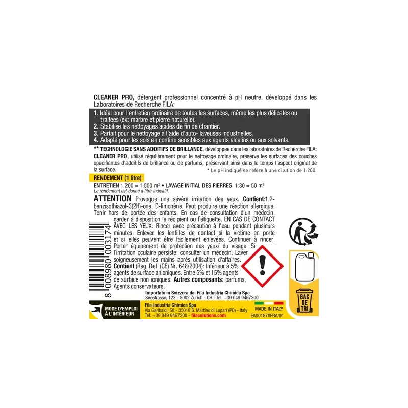CLEANER PRO BIDON 1 LITRE ENTRETIEN PROFESSIONNEL POUR LES SURFACES